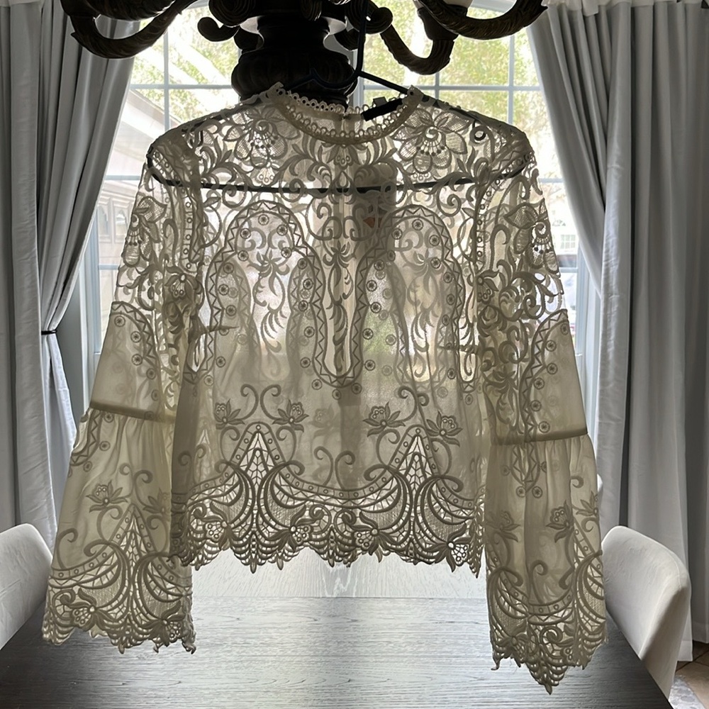 White lace and sheer top. Never worn with tags. Size Small. Brand Lucy Paris.
